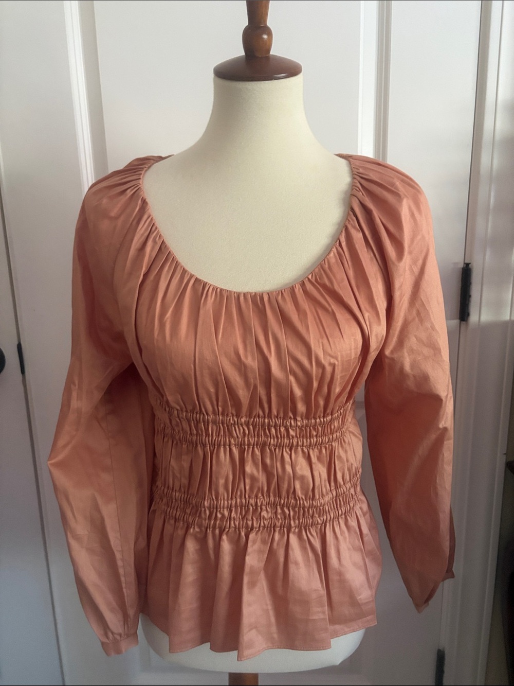 NWT Rebecca Taylor Peplum Long-Sleeve Smocked Waist Top in peach color size sm
